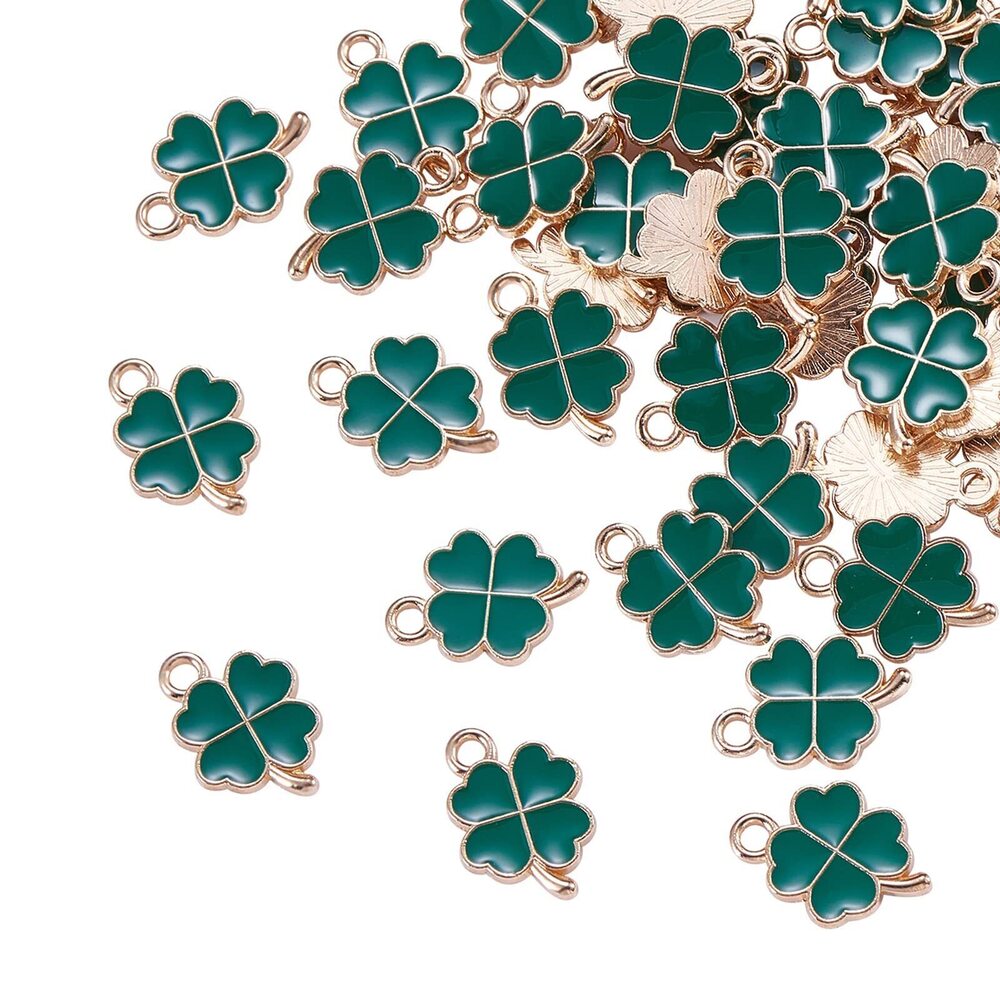 3217 100 Pcs Enamel Green Leaf Clover Charms LightGold Shamrock Lucky